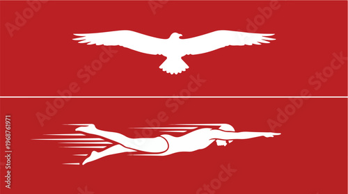 Freedom and Movement Concept with Swimmer Mirroring Bird in Flight Representing Fluid Motion Liberation and Dual Environment Harmony Illustration