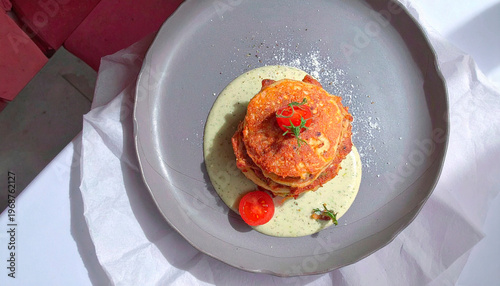 Crispy savory pastry stack with cherry tomatoes and herbs served with green pesto sauce on grey plate