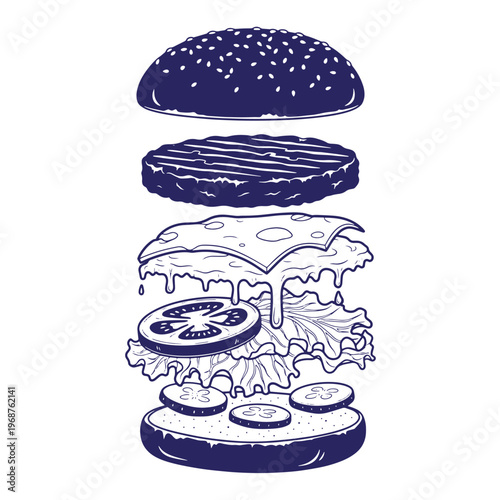 Dark blue line of a disassembled cheeseburger with stacked ingredients including a sesame seed bun grilled beef patty melted cheese tomato slice lettuce and cucumber slices