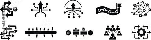 Business workflow direction arrows and process automation icons set strategy navigation flow management system vector illustration collection
