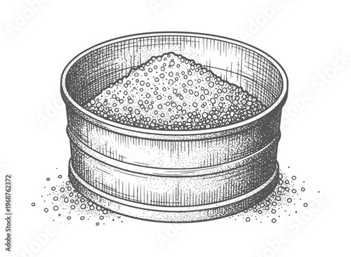 Vintage sieve filled with granular and scattered particles retro