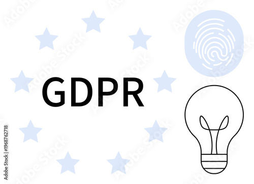 Data privacy, compliance, innovation, cybersecurity, digital protection, EU regulations. GDPR text with surrounding stars, fingerprint and light bulb. Data privacy and compliance concept