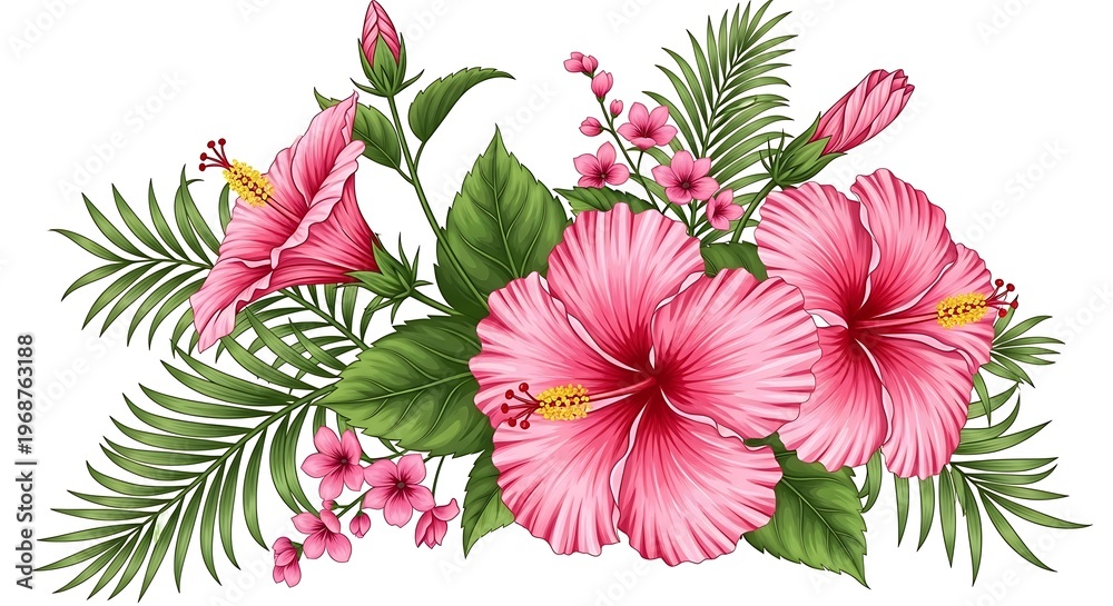 Obraz premium A beautifully illustrated tropical flower arrangement featuring vibrant hibiscus and delicate foliage