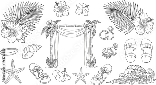 Tropical Wedding and Beach Icon Set Featuring Hibiscus Flowers, Rings, Palm Leaves, Starfish, and Sandals for Summer and Vacation Designs