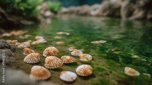 A close up view of numerous small ribbed seashells scattered on a mossy shore beside calm green water