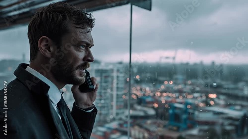 A man in a suit stands at a glass window, rain pouring down as he communicates urgently. The city below glimmers with lights in the evening gloom.
