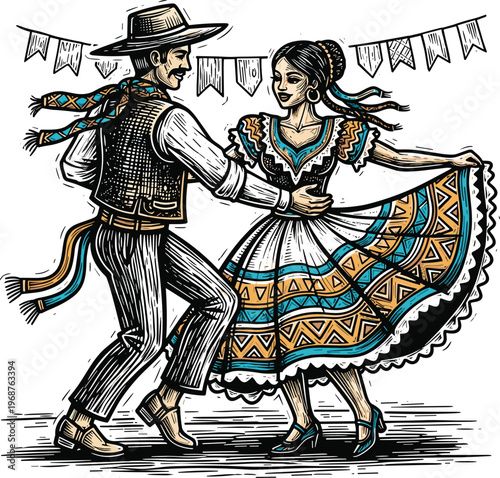 Couple Dancing Traditional Folk Dance in Colorful Costumes