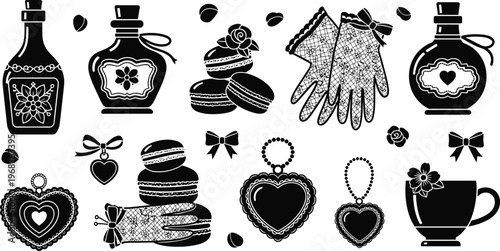 Vintage Accessories Icon Set Featuring Perfume Bottles, Gloves, Heart Pendants, Macarons, and Teacups for Elegant and Romantic Designs