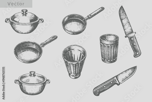 Frying pan, knife, spoon, cooking pot, glass, salt shaker in vintage sketch engraving style vector illustration. Realistic hand drawn kitchen element set
