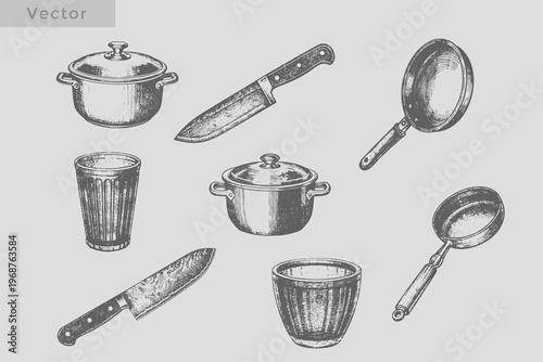 Vintage kitchen utensils set with Frying pan, knife, spoon, cooking pot, glass, salt shaker hand drawn vector illustration
