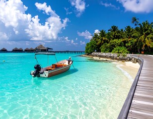 Deken met foto Palmboom Overwater bungalows turquoise lagune tropisch eiland boot  © Adab
