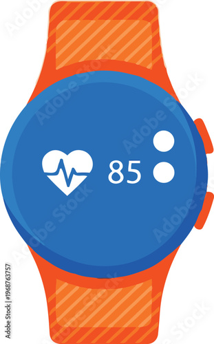 A smartwatch displays a heart rate on its blue screen with an orange strap.
