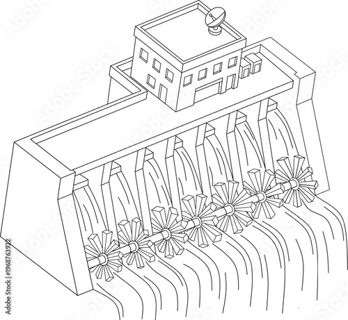 Technology dam line drawing of a hydroelectric dam with turbines for modern energy solutions, suitable for renewable energy concepts.