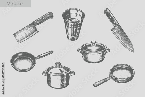 Realistic kitchen element vintage sketch illustration set. engraving style Frying pan, knife, spoon, cooking pot, glass, salt shaker