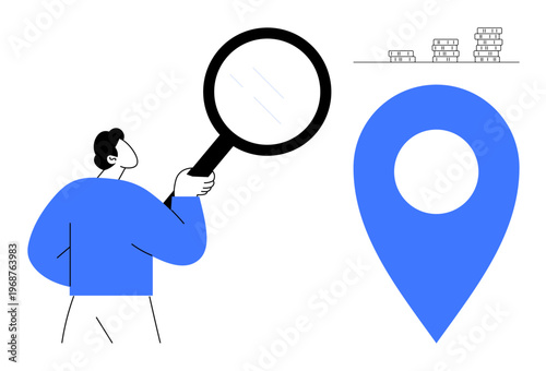 Business analysis, financial research, strategic planning, data exploration, geolocation services, map tracking. Person holding a magnifying glass, large blue location pin. Business analysis