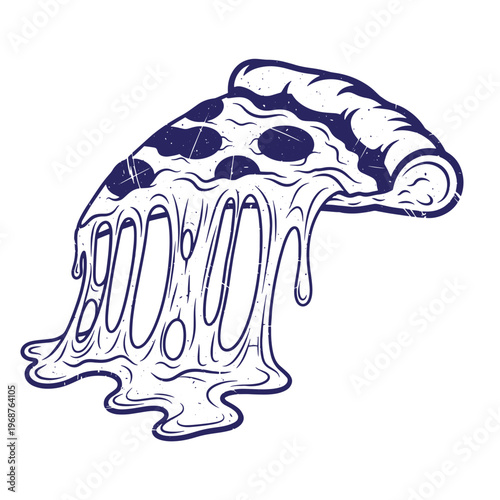 Single slice of pepperoni pizza with long strands of melted mozzarella cheese dripping down in a dark blue ink style with a distressed vintage texture on a white background