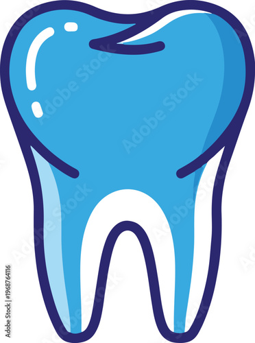 A blue cartoon tooth with dark blue outlines is shown close-up