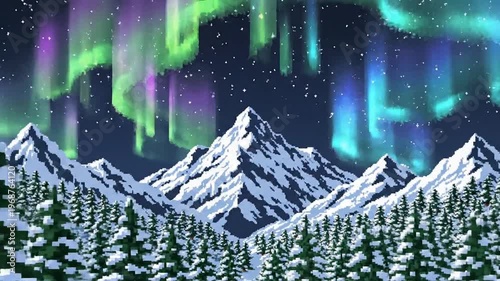 Pixelated aurora borealis above snowy mountains and evergreen trees