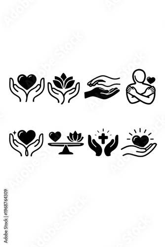 Collection Of Care And Love Icons With Hands Hearts And Symbols On White Background