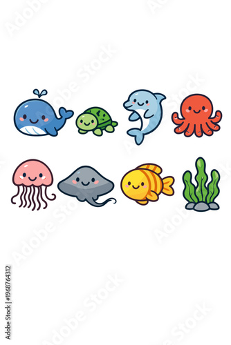 Collection Of Cute Pixel Art Ocean Creatures Including Whale Turtle Dolphin Octopus Jellyfish Stingray Fish And Seaweed
