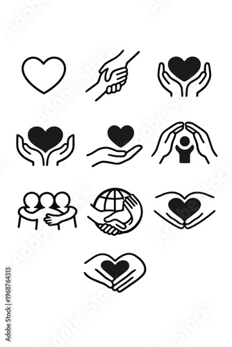 Collection Of Caring Hands And Heart Icons On White Background Symbolizing Love Support And Unity