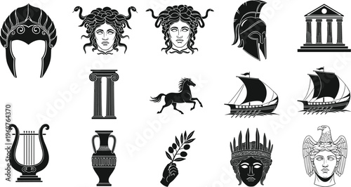 Ancient Greek symbols vector set featuring helmet, Medusa, temple, lyre, olive branch, amphora, ship, eagle, classical mythology icons collection