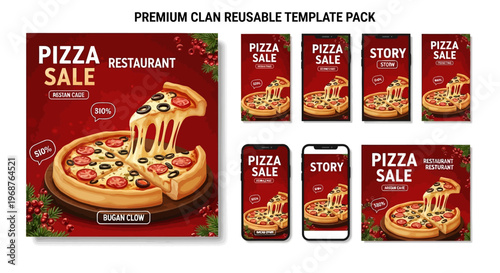 Arrangement of social media templates designed for a deep dish pizza promotion, showcasing square posts and story layouts with melted cheese and a deep red background, ideal for a food sale