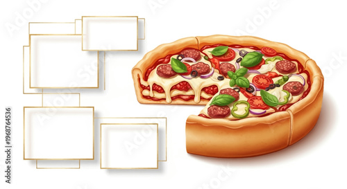 A delectable deep-dish pizza illustration with melted cheese, pepperoni, and basil is presented in a food sale template, perfect for a pizza promo social media pack on a clean white