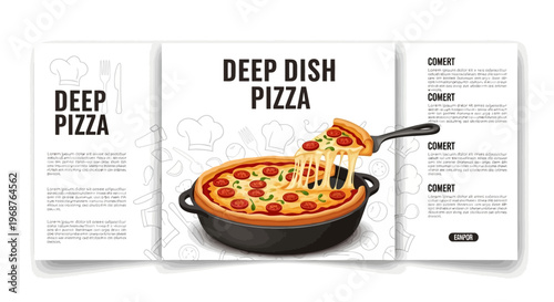 A deep-dish pizza social media template features an illustration of cheesy pizza with melted cheese being served, presented as a vector graphic for food sales and marketing in a square post