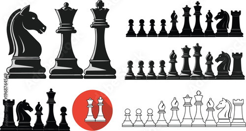 Chess pieces collection vector with black and white sets, king, queen, rook, bishop, knight, pawn, strategy board game illustration