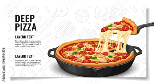 A deep dish pizza social media promo template features a square post layout with melted cheese being lifted from a cast iron pan, set against a white background with kitchen utensil line