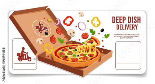 Appealing vector illustration promoting Deep Dish Pizza Day on social media, showcasing a deep-dish pizza with melted cheese in a cardboard box with floating vegetables and a delivery