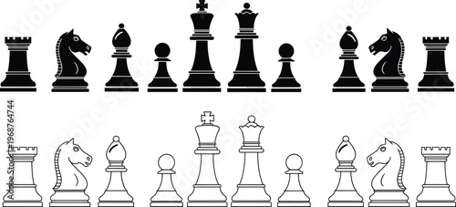 Chess pieces vector set with black silhouettes and outline style, king, queen, rook, bishop, knight, pawn, board game illustration