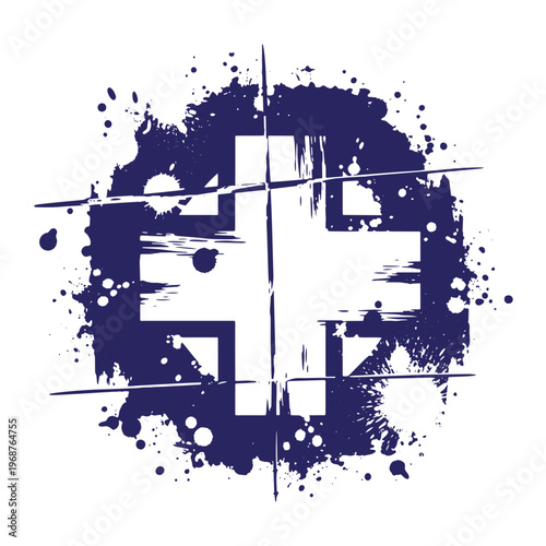 White medical cross symbol centered on a dark blue circular ink splatter background with horizontal and vertical brush strokes and paint droplets isolated on a white background