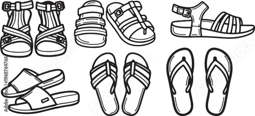 Collection of stylized sneakers and shoes in black and white line art Vector