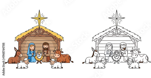 Cute Christmas Nativity Scene Vector Illustration. Colored and Black and White Outline Version for Coloring Book. Holy Family with Animals under Star.