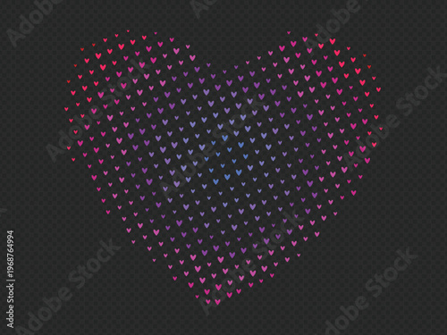 Colorful heart shape made of small hearts in pink, purple, blue