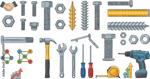 Construction tools and hardware vector set with bolts, nuts, screws, wrench, hammer, drill, measuring tape, engineering icons collection