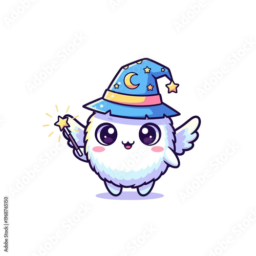 Cute fluffy white creature with wizard hat and magic wand, cartoon illustration