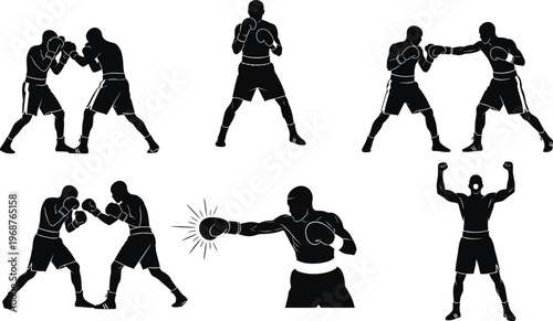 MobileBoxing silhouettes, fighter poses, punching stance artwork, combat sport illustration, victory celebration design, athletic training theme, competitive boxing scene