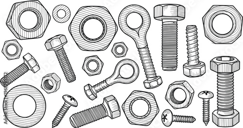 Hand drawn bolts and nuts vector set, screws, washers, metal fasteners, sketch style hardware illustration isolated on white background