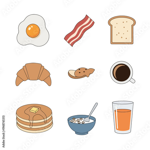 Healthy Breakfast Food Icons: Sunny-side Egg, Bacon, Toast, Croissant, Coffee, Pancakes, Cereal, Juice