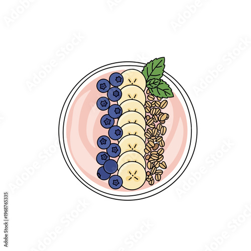 Healthy Breakfast Bowl with Yogurt, Blueberries, Banana Slices, Granola & Mint Leaf
