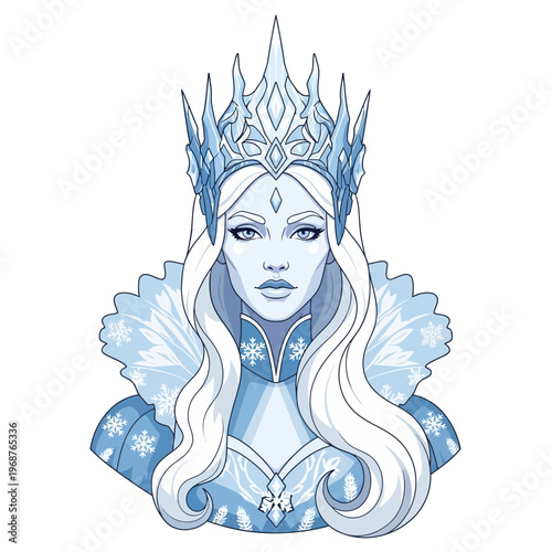 Elegant Ice Queen with Crown, Winter Fantasy Portrait, Majestic Snow Princess