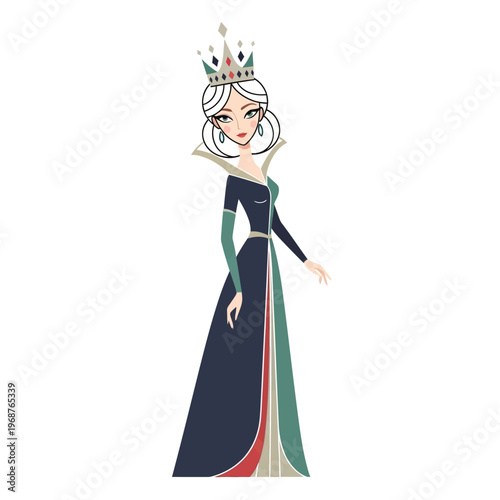 Elegant Queen Illustration with Crown and Royal Gown, Vector Art