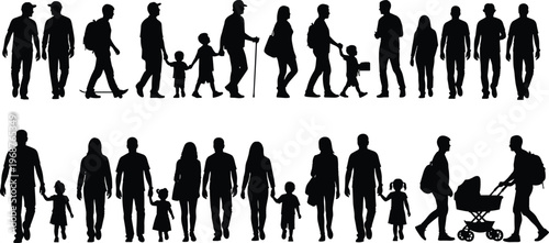 Large collection of black people silhouettes featuring diverse men, women, children, families with strollers, elderly with canes, and walking groups isolated on white background.