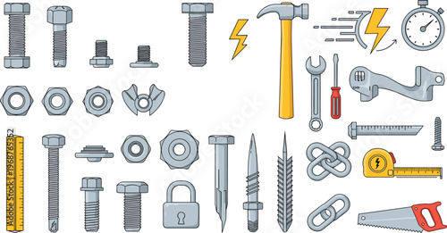 Vector illustration of construction tools, bolts, nuts, screws, wrench, hammer, measuring tape, hardware set isolated on white background, detailed realistic