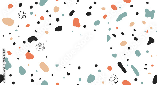 Modern abstract terrazzo pattern featuring irregular shapes in black, blue, and orange tones on a white background.