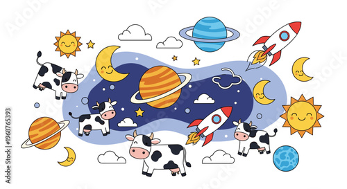 Whimsical space pattern featuring cartoon cows jumping over moons with rockets, planets, suns, and stars on a blue background.