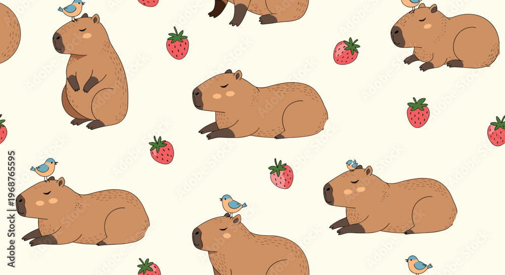 Fototapeta premium Cute seamless pattern featuring capybaras with small birds on their heads and strawberries on a light beige background.